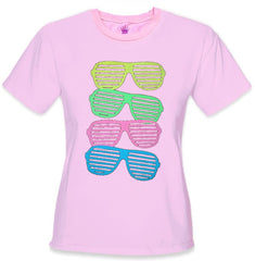 80's Style Sunglasses Black Light Responsive Girls T-Shirt Pink