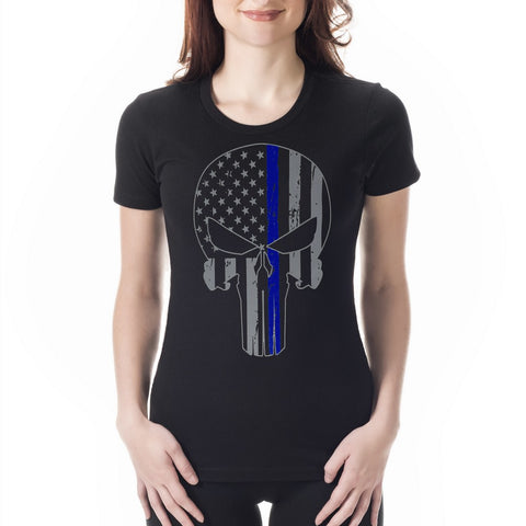 Police Thin Blue Line Skull American Flag - Support Police Department Ladies T-shirt
