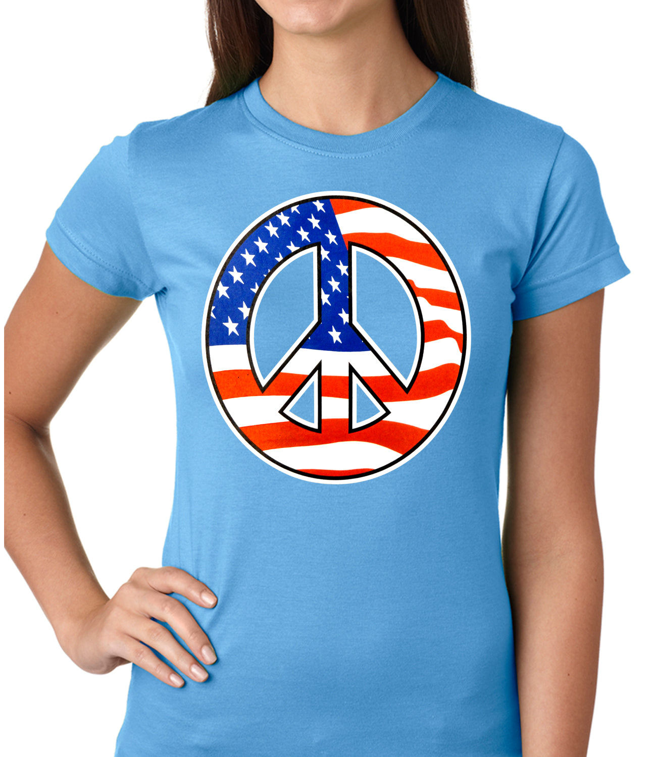 American Flag Peace Sign Girls T-shirt Light Blue