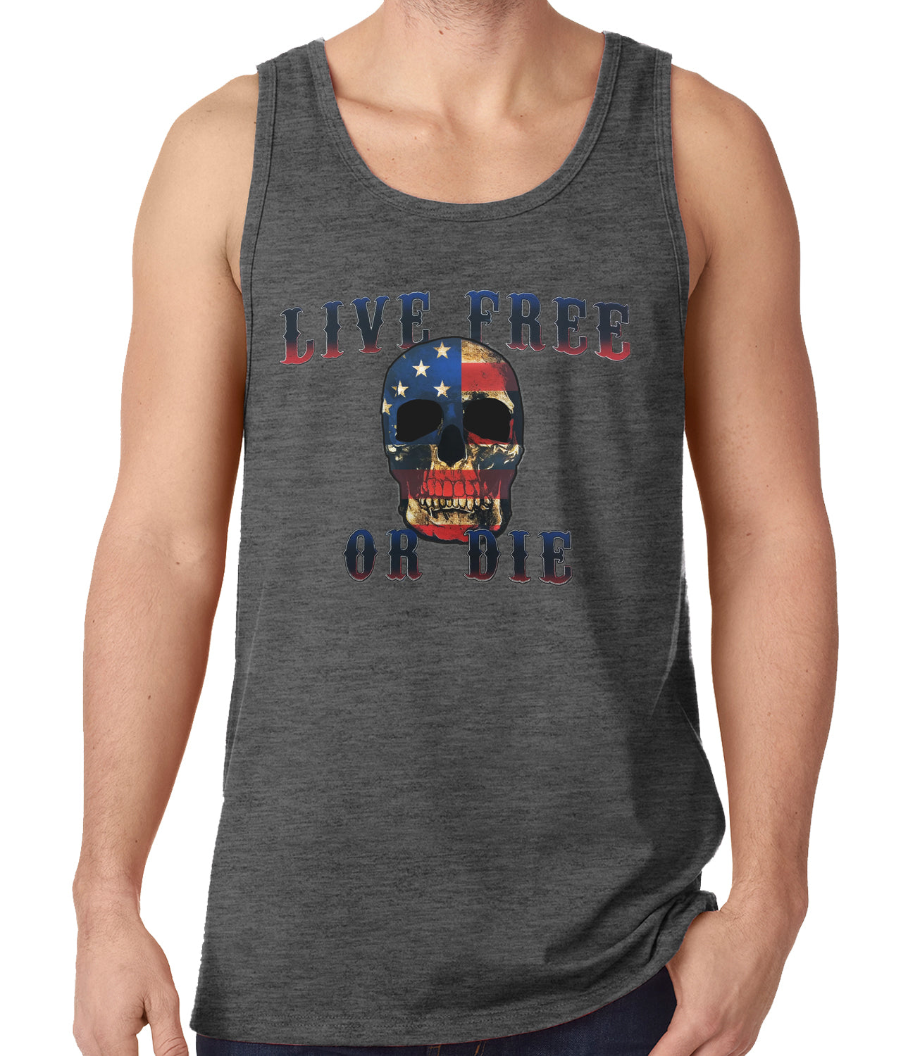 American Flag Skull - Live Free or Die Tank Top Charcoal Grey