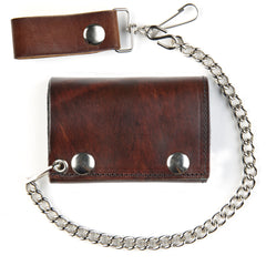 Antique Brown Leather Tri-Fold Wallet With 12 Inch Chain