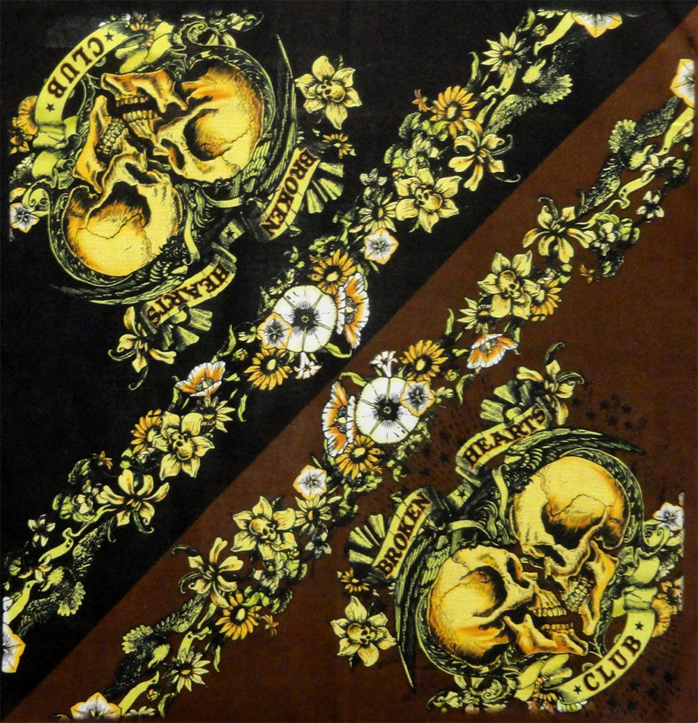 Bandanna - 22x22 Inch Broken Hearts Floral Skulls Bandanna (Black/Brown)