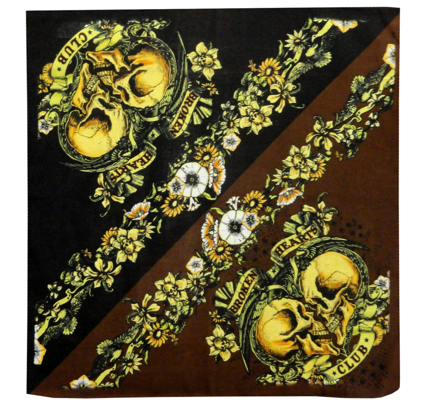 Bandanna - 22x22 Inch Broken Hearts Floral Skulls Bandanna (Black/Brown)