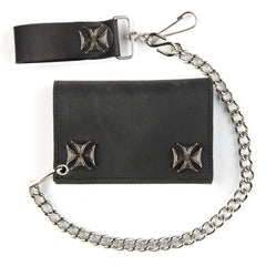 Black Leather Tri-Fold Wallet With Iron Cross Snaps and 12 Inch Chain