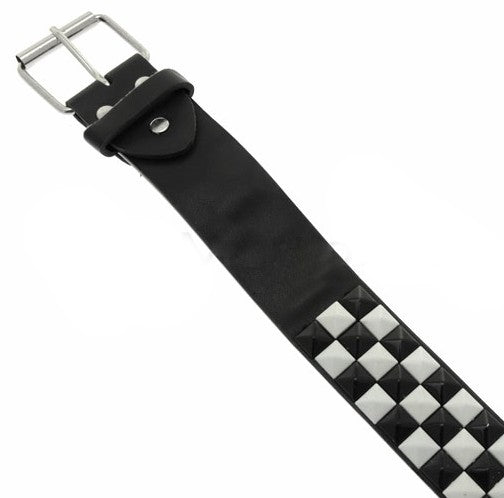 Black & White Checkerboard Pyramid Studded Leather Belt