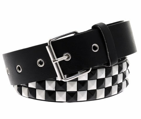 Black & White Checkerboard Pyramid Studded Leather Belt