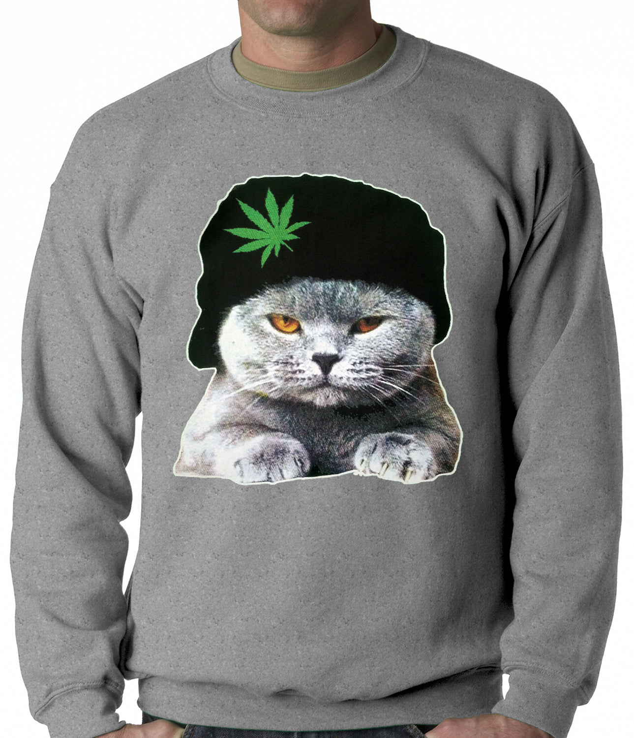 Cat Wearing Pot Leaf Hat Adult Crewneck