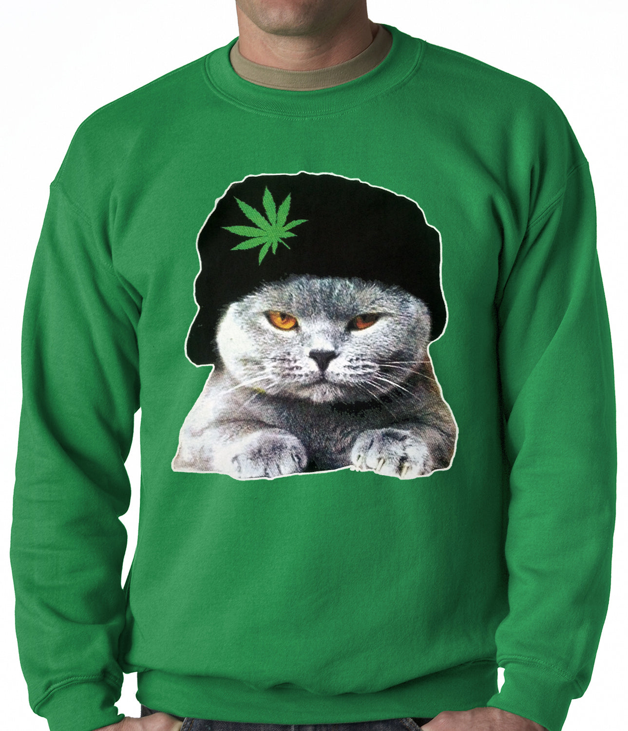Cat Wearing Pot Leaf Hat Adult Crewneck