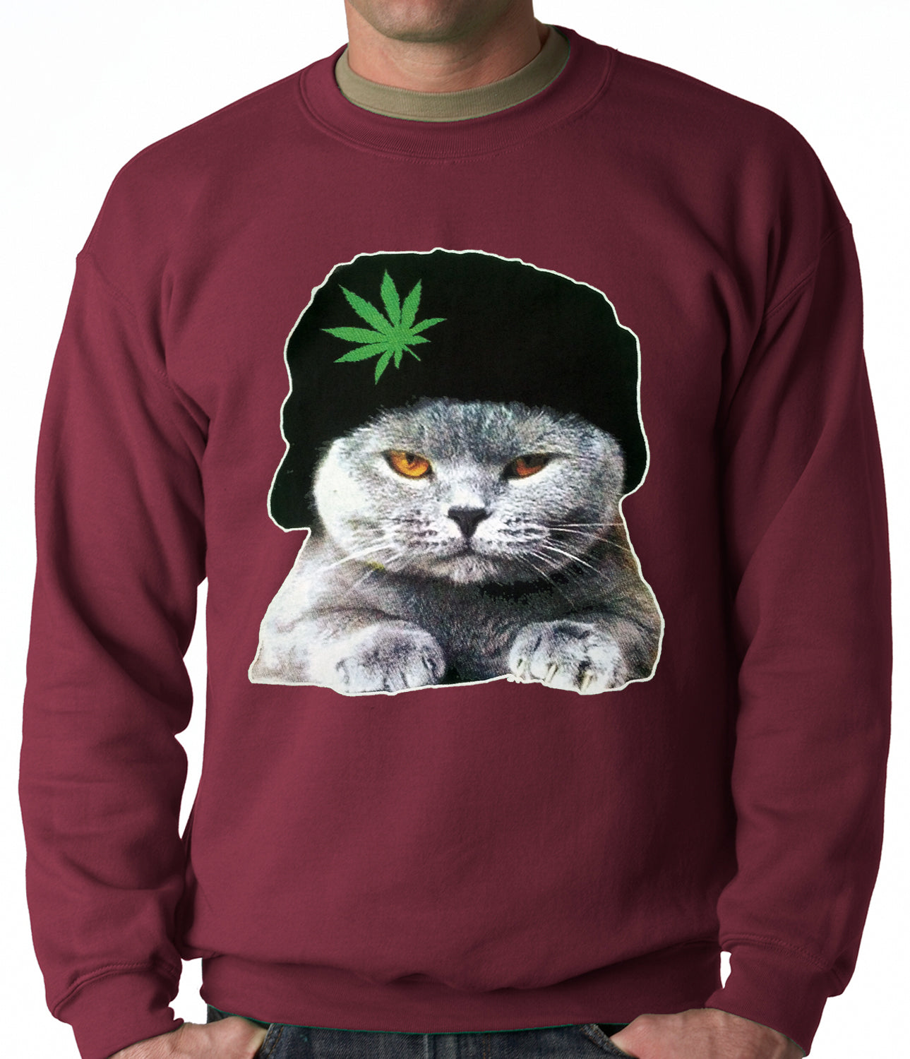 Cat Wearing Pot Leaf Hat Adult Crewneck