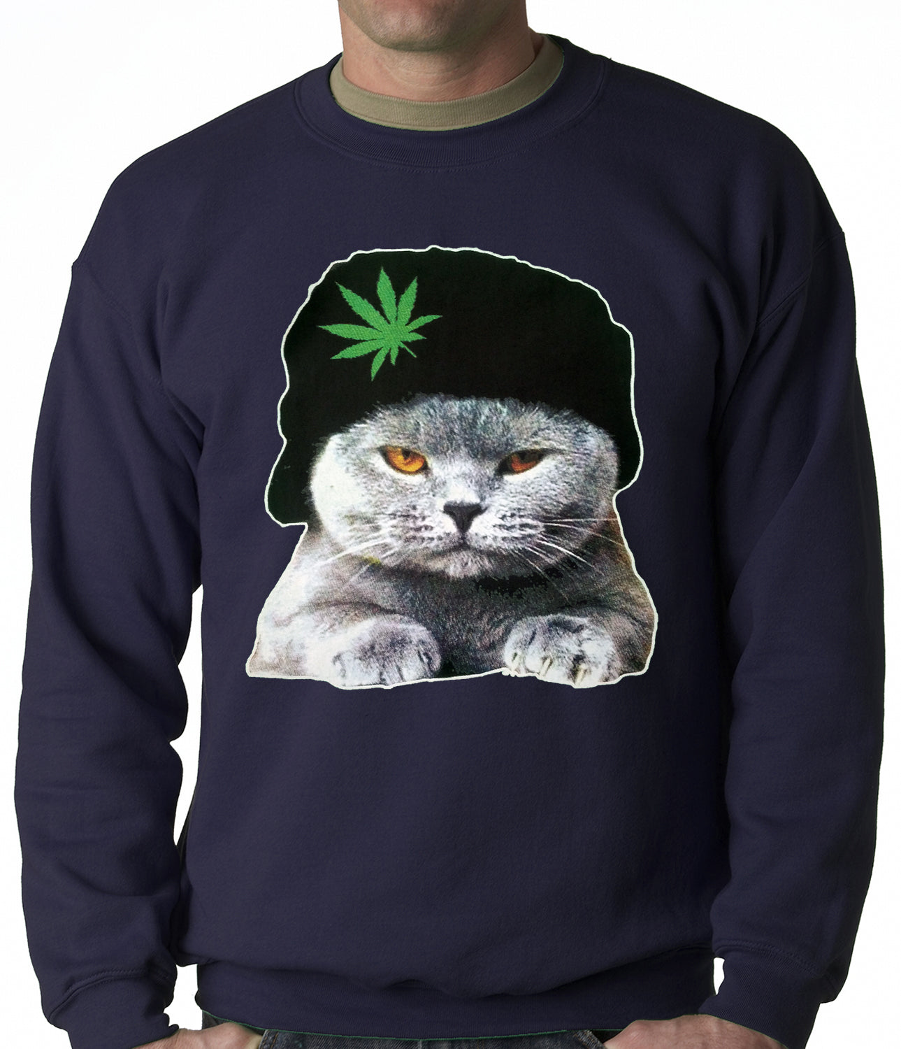 Cat Wearing Pot Leaf Hat Adult Crewneck