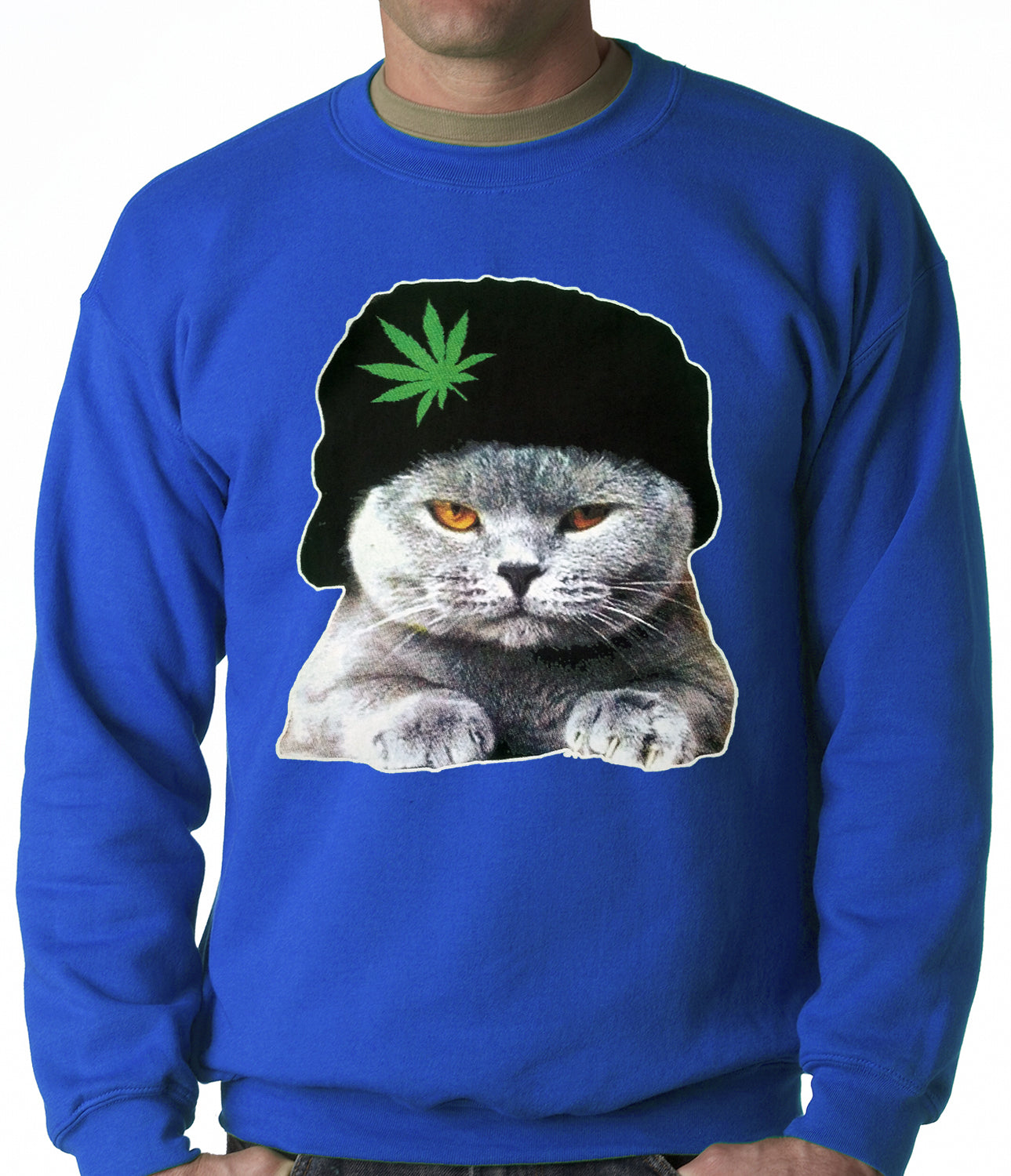 Cat Wearing Pot Leaf Hat Adult Crewneck