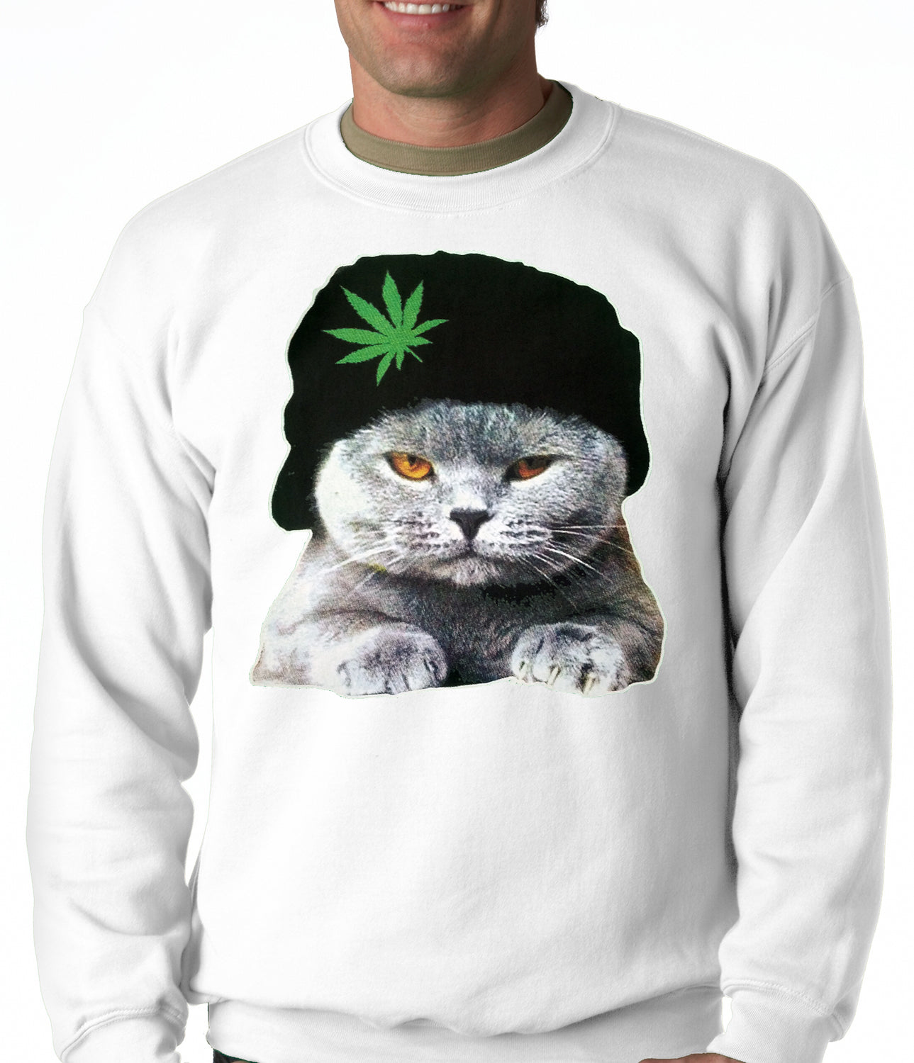 Cat Wearing Pot Leaf Hat Adult Crewneck