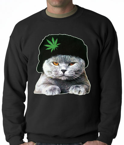 Cat Wearing Pot Leaf Hat Adult Crewneck