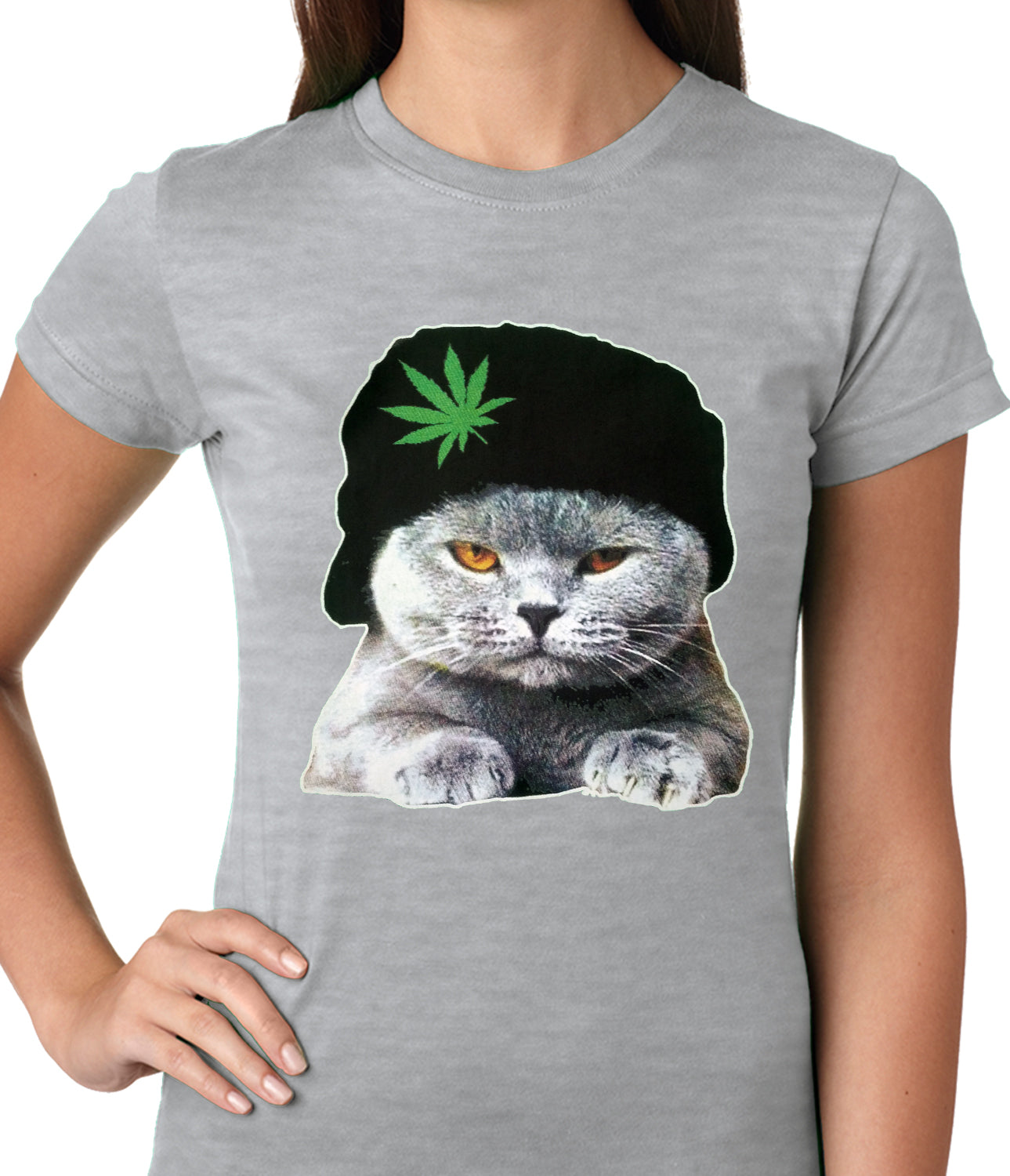 Cat Wearing Pot Leaf Hat Ladies T-shirt