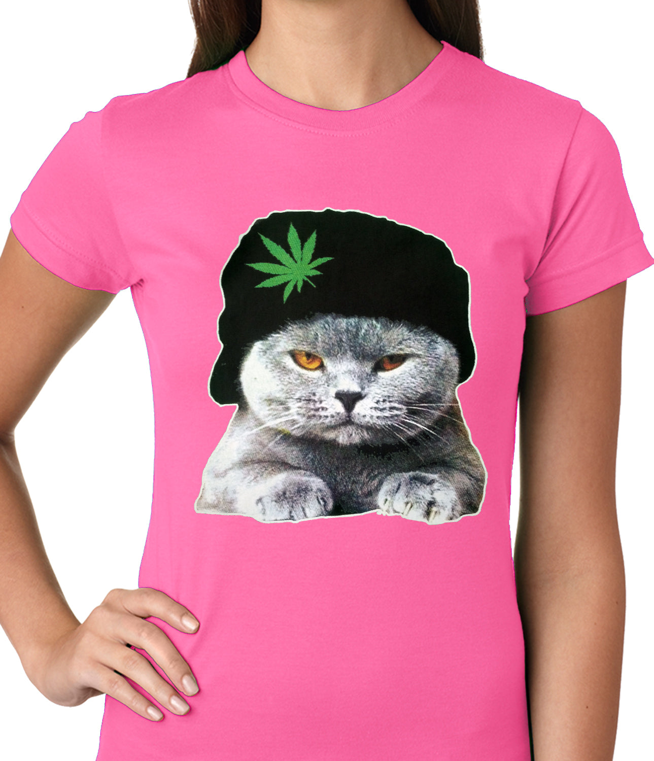 Cat Wearing Pot Leaf Hat Ladies T-shirt