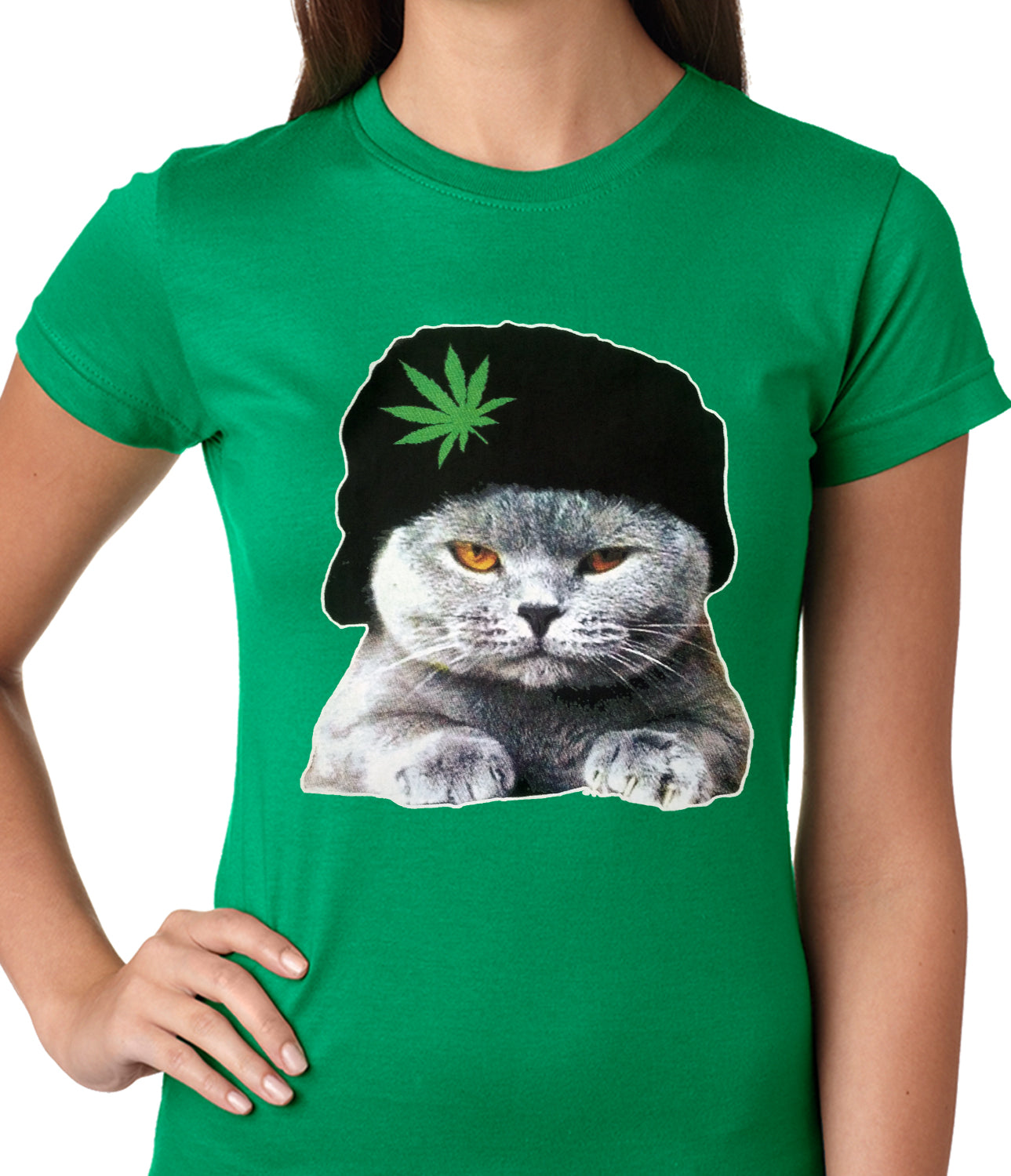 Cat Wearing Pot Leaf Hat Ladies T-shirt