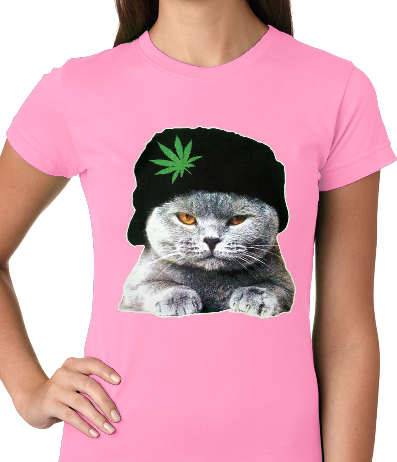 Cat Wearing Pot Leaf Hat Ladies T-shirt