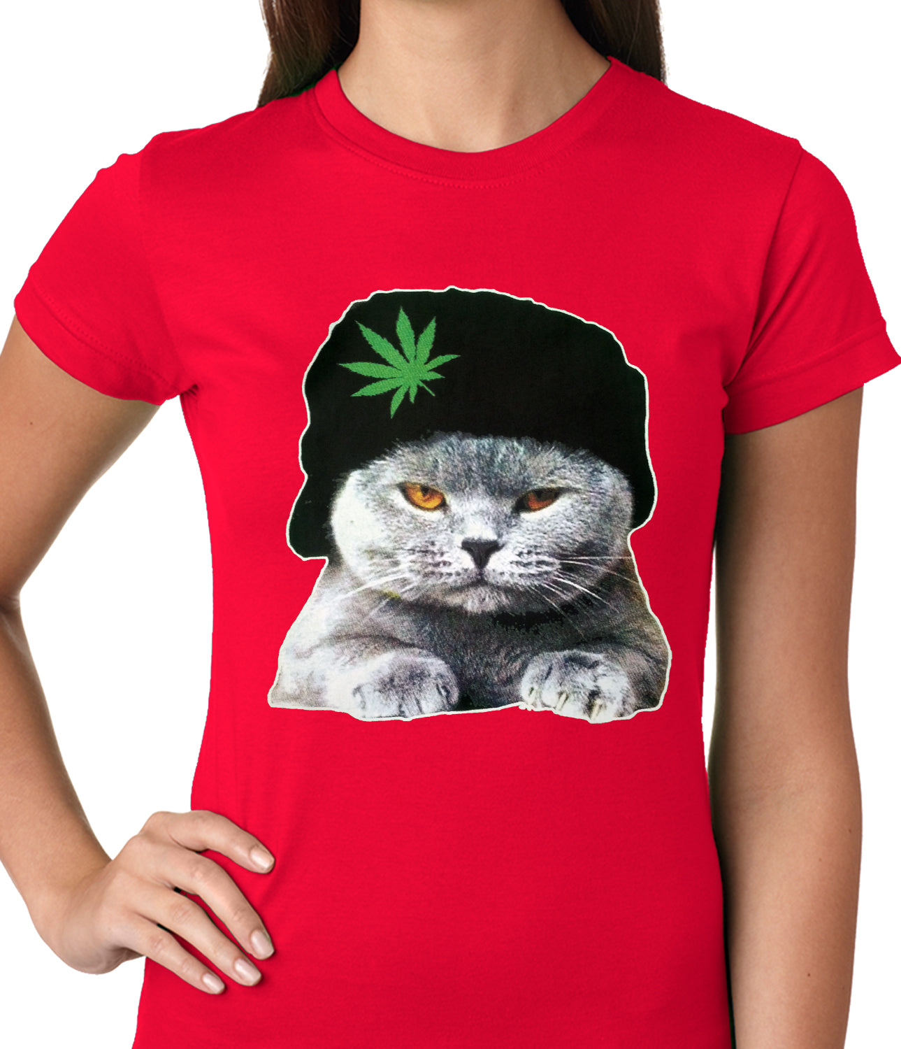 Cat Wearing Pot Leaf Hat Ladies T-shirt