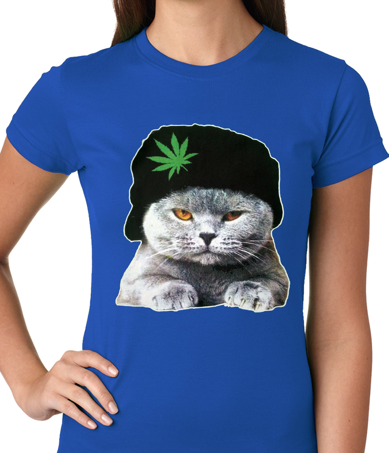 Cat Wearing Pot Leaf Hat Ladies T-shirt