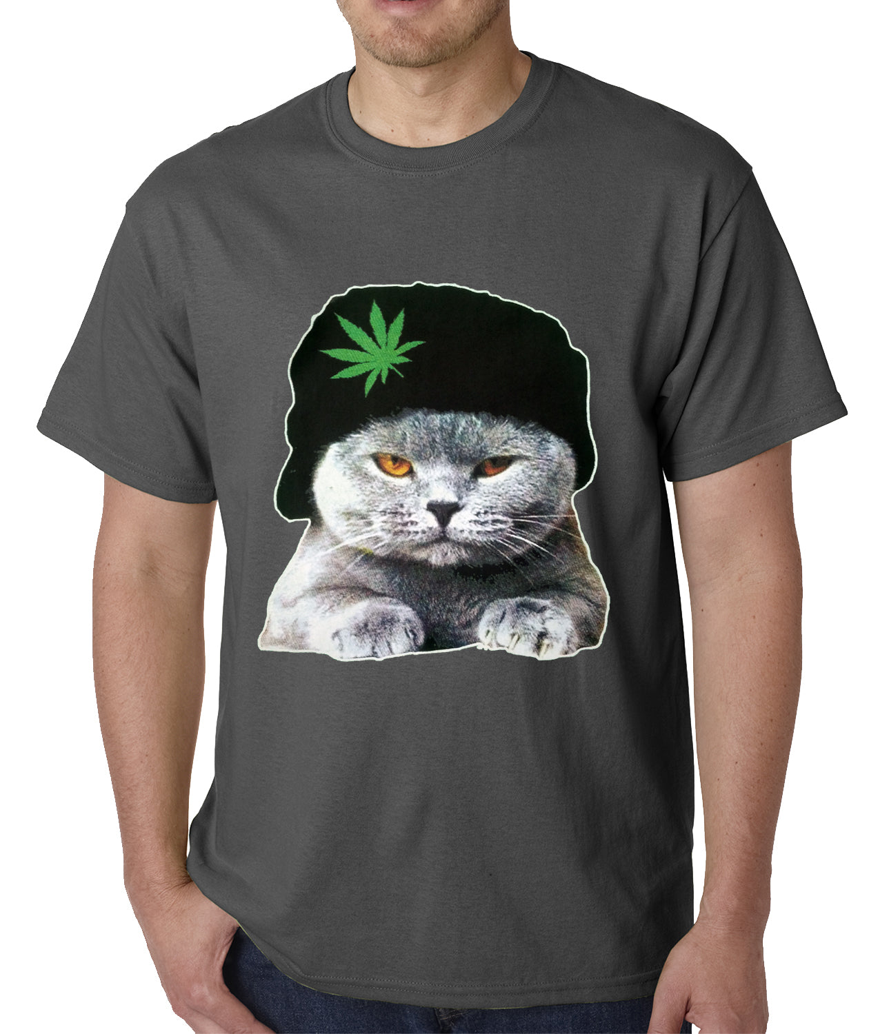 Cat Wearing Pot Leaf Hat Mens T-shirt