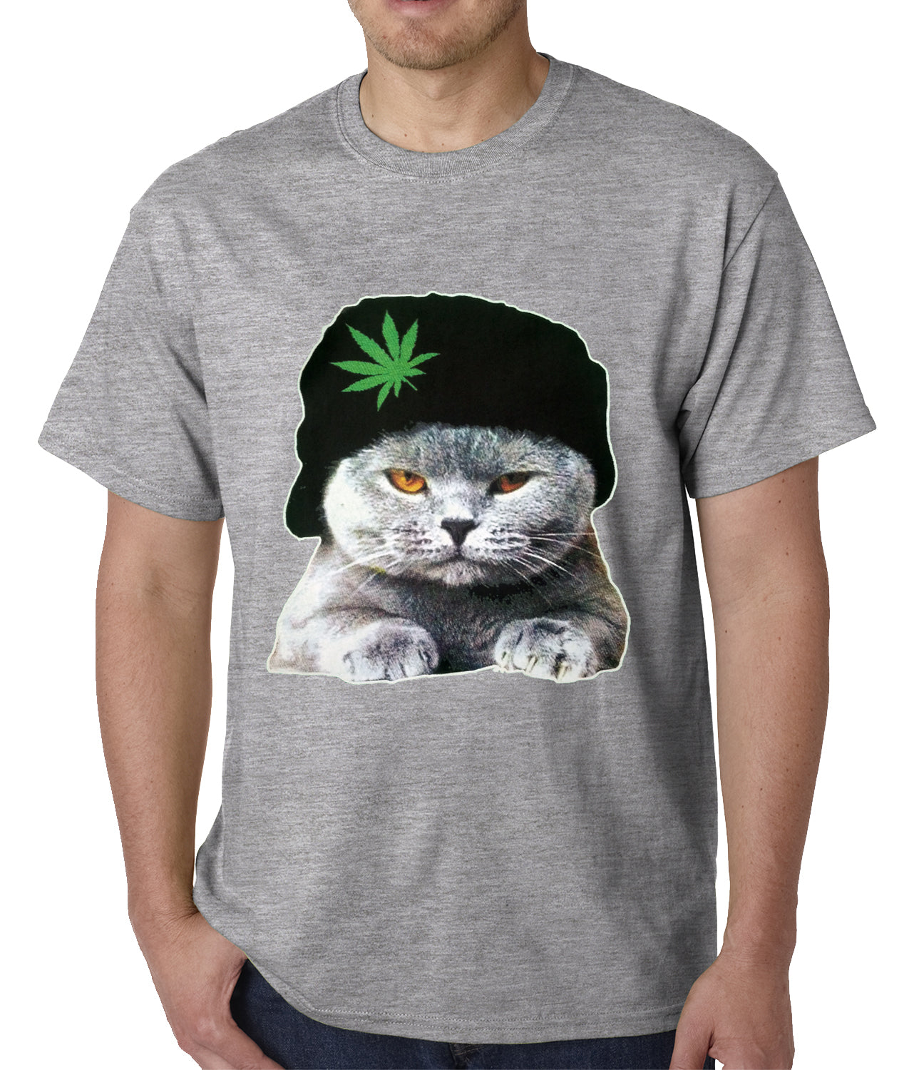 Cat Wearing Pot Leaf Hat Mens T-shirt