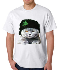 Cat Wearing Pot Leaf Hat Mens T-shirt