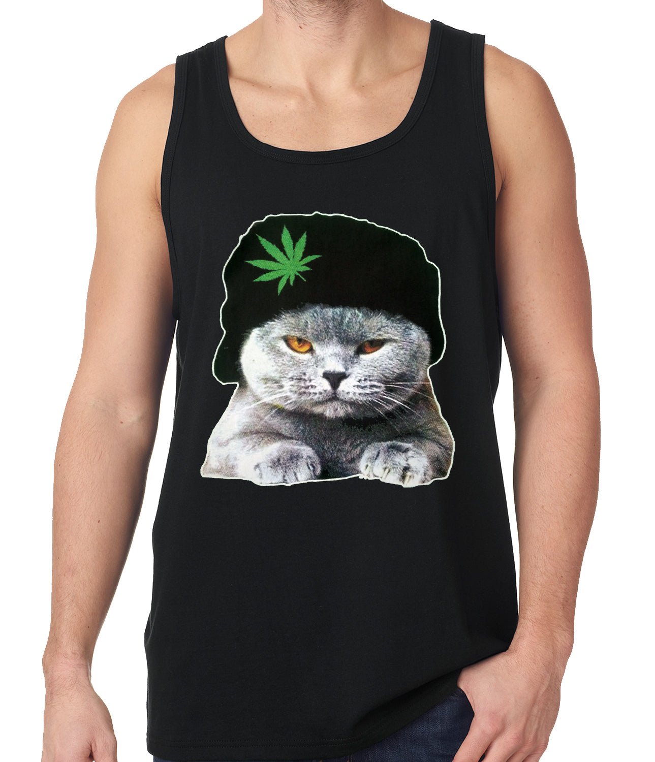 Cat Wearing Pot Leaf Hat Tank Top