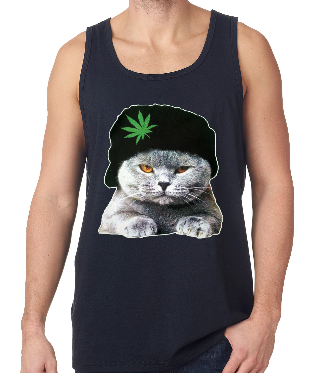 Cat Wearing Pot Leaf Hat Tank Top