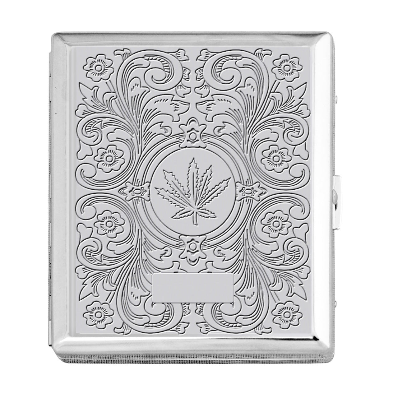 Chrome Cigarette Case with Pot Leaf Pattern for Regular Size Cigarettes