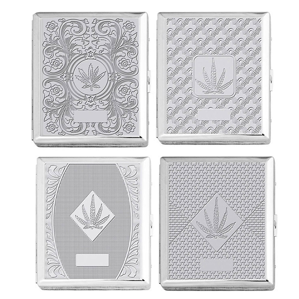 Chrome Cigarette Case with Pot Leaf Pattern for Regular Size Cigarettes
