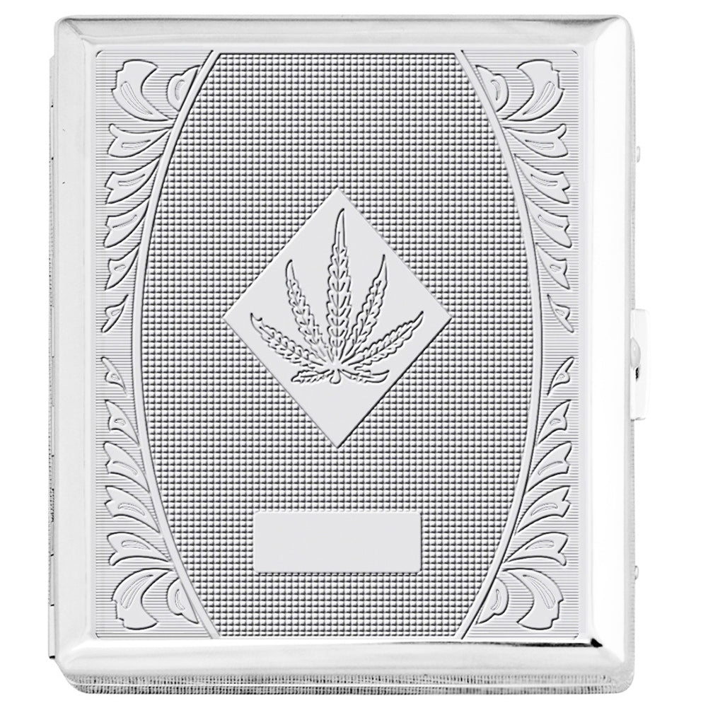 Chrome Cigarette Case with Pot Leaf Pattern for Regular Size Cigarettes