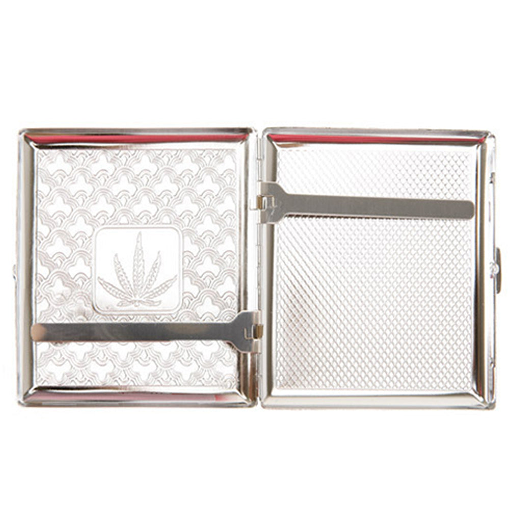 Chrome Cigarette Case with Pot Leaf Pattern for Regular Size Cigarettes