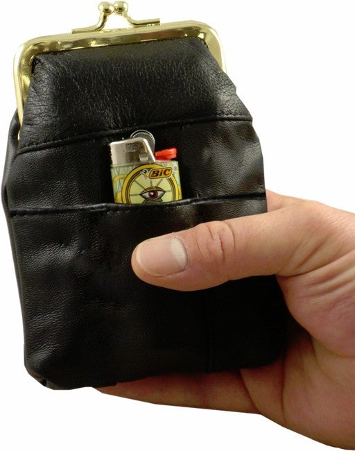 Classic Leather Cigarette Purse with Lighter Holder (Black) (For Regulars And 100's)