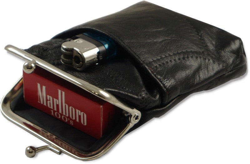 Classic Leather Cigarette Purse with Lighter Holder (Black) (For Regulars And 100's)