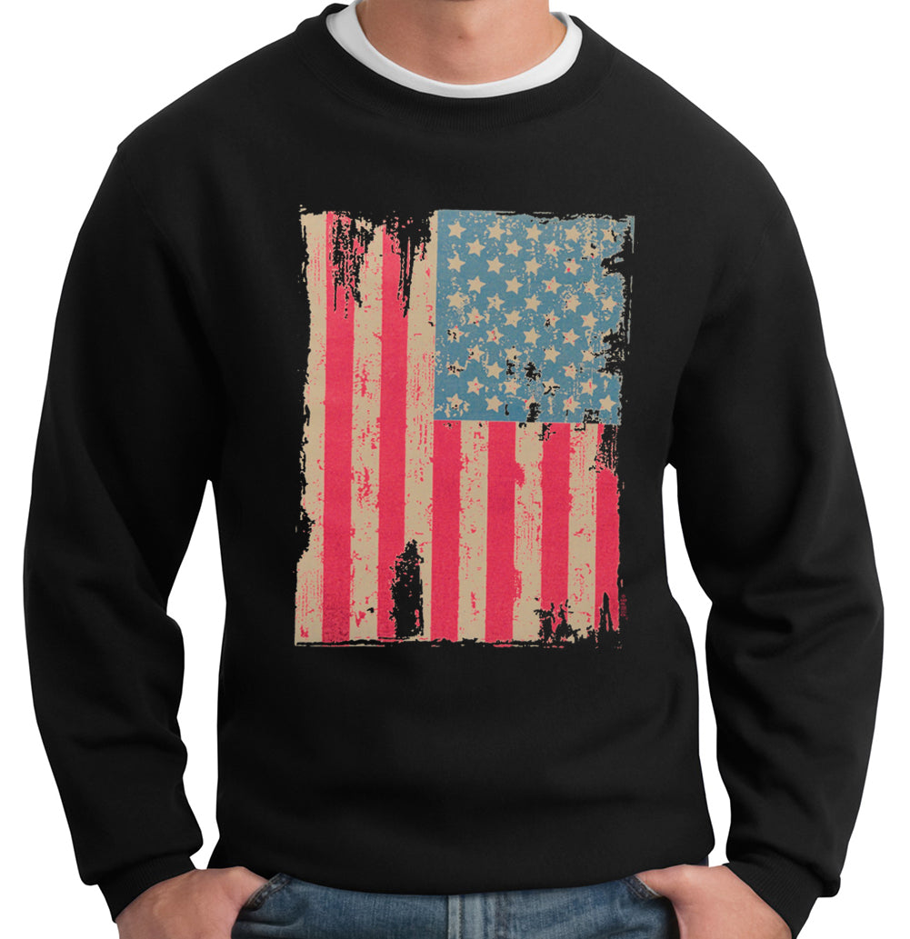 Faded and Distressed American Flag with Hot Pink Stripes Crew Neck Sweatshirt