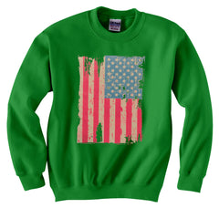 Faded and Distressed American Flag with Hot Pink Stripes Crew Neck Sweatshirt