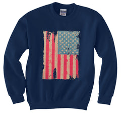 Faded and Distressed American Flag with Hot Pink Stripes Crew Neck Sweatshirt