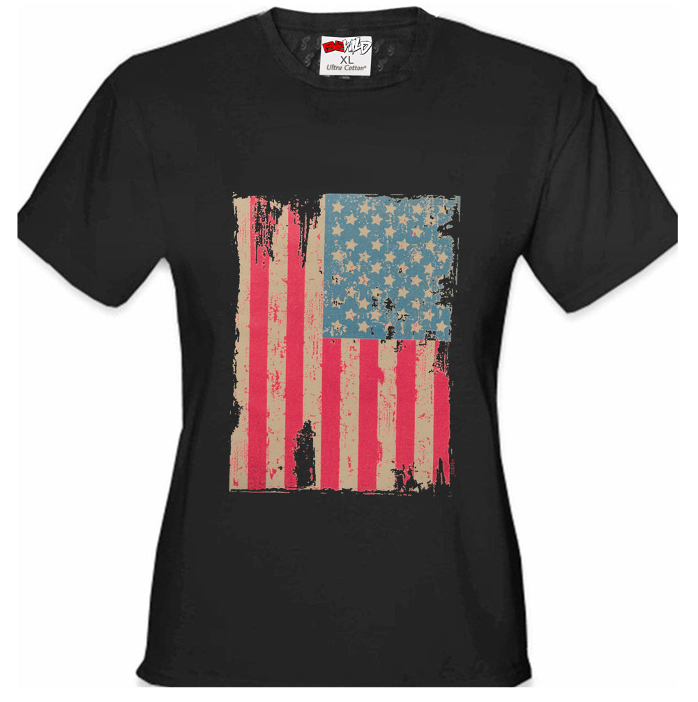 Faded and Distressed American Flag with Hot Pink Stripes Girl's T-Shirt