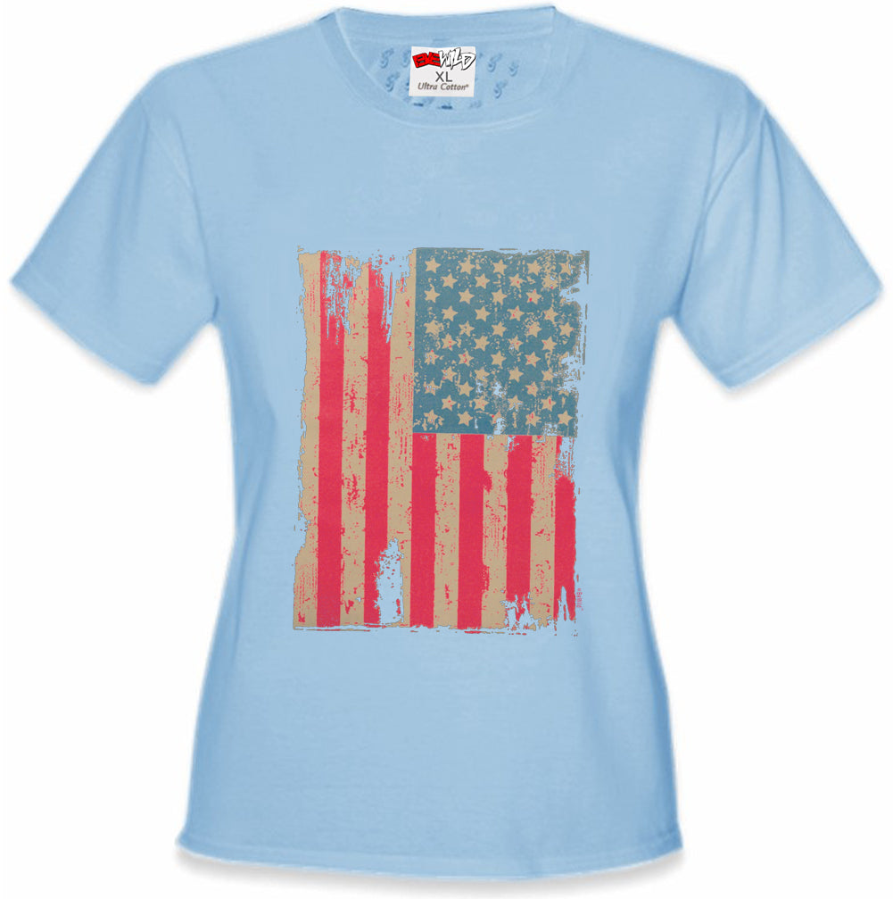 Faded and Distressed American Flag with Hot Pink Stripes Girl's T-Shirt
