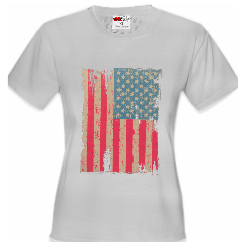 Faded and Distressed American Flag with Hot Pink Stripes Girl's T-Shirt