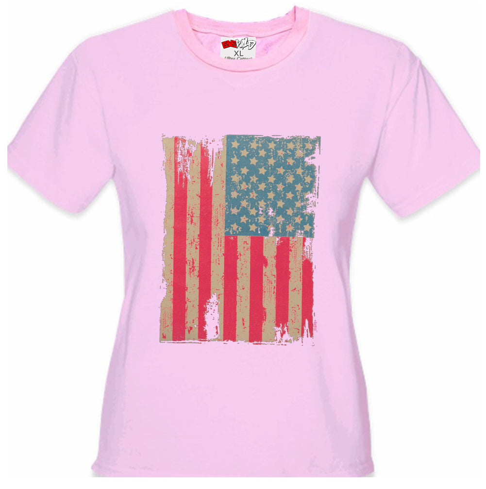 Faded and Distressed American Flag with Hot Pink Stripes Girl's T-Shirt
