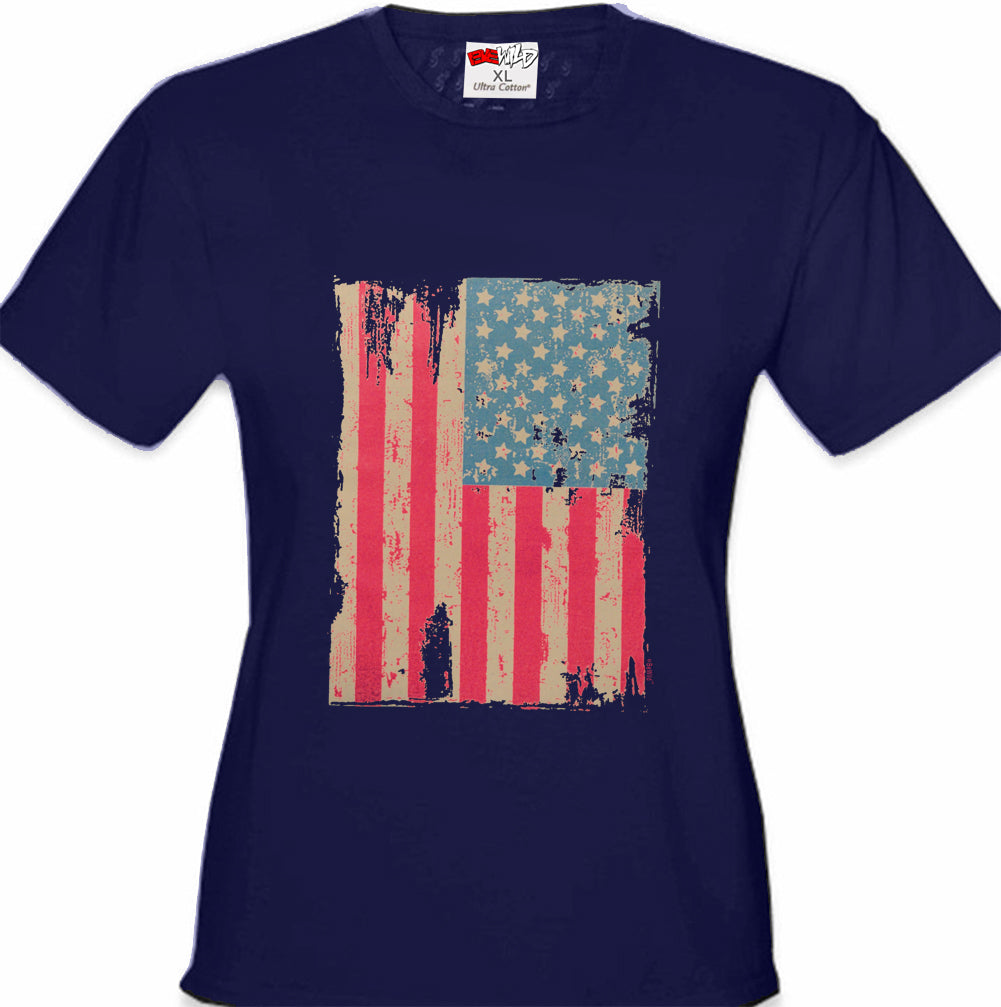 Faded and Distressed American Flag with Hot Pink Stripes Girl's T-Shirt