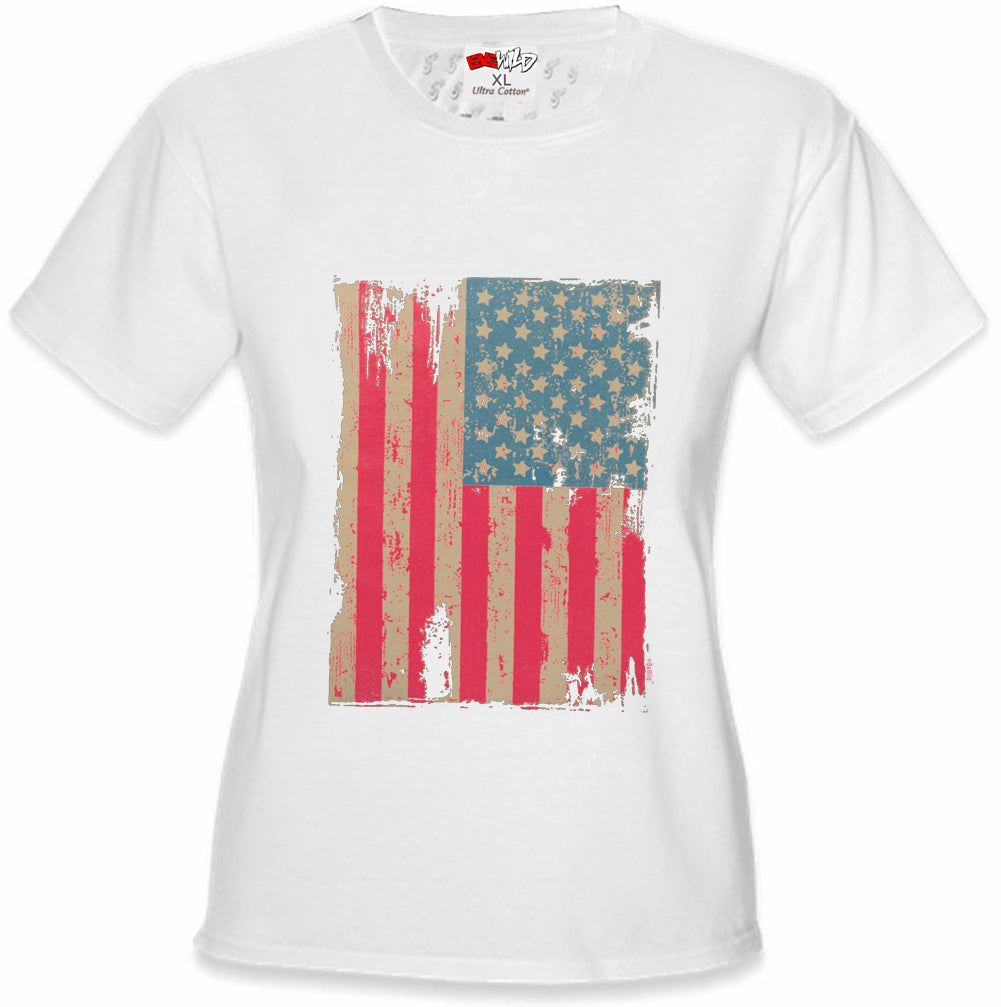 Faded and Distressed American Flag with Hot Pink Stripes Girl's T-Shirt