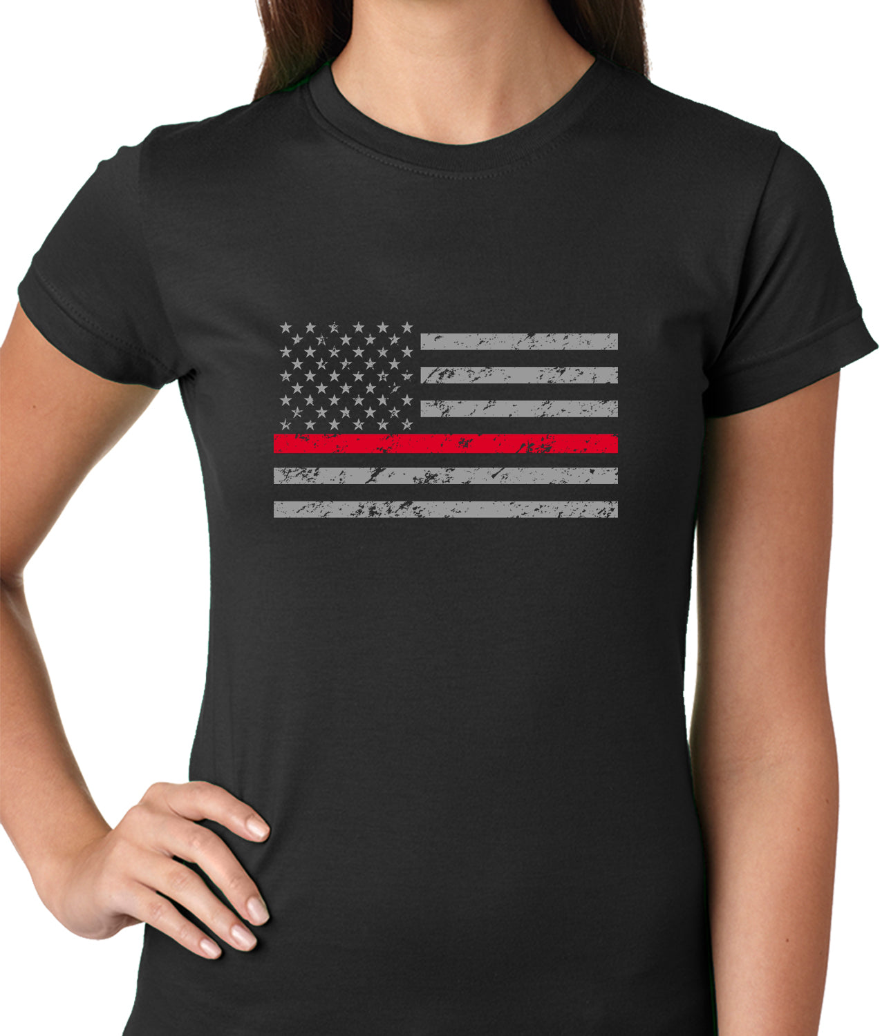 Firefighter Thin Red Line American Flag - Support Firefighter Department Horizontal Ladies T-shirt