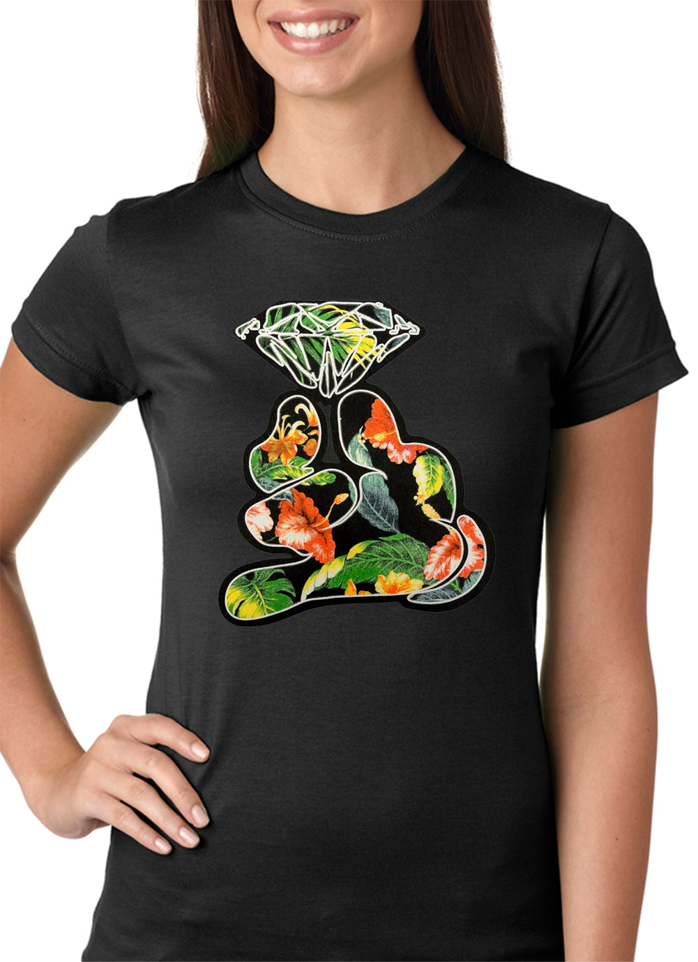 Floral Cartoon Diamond Hand Girls T-shirt