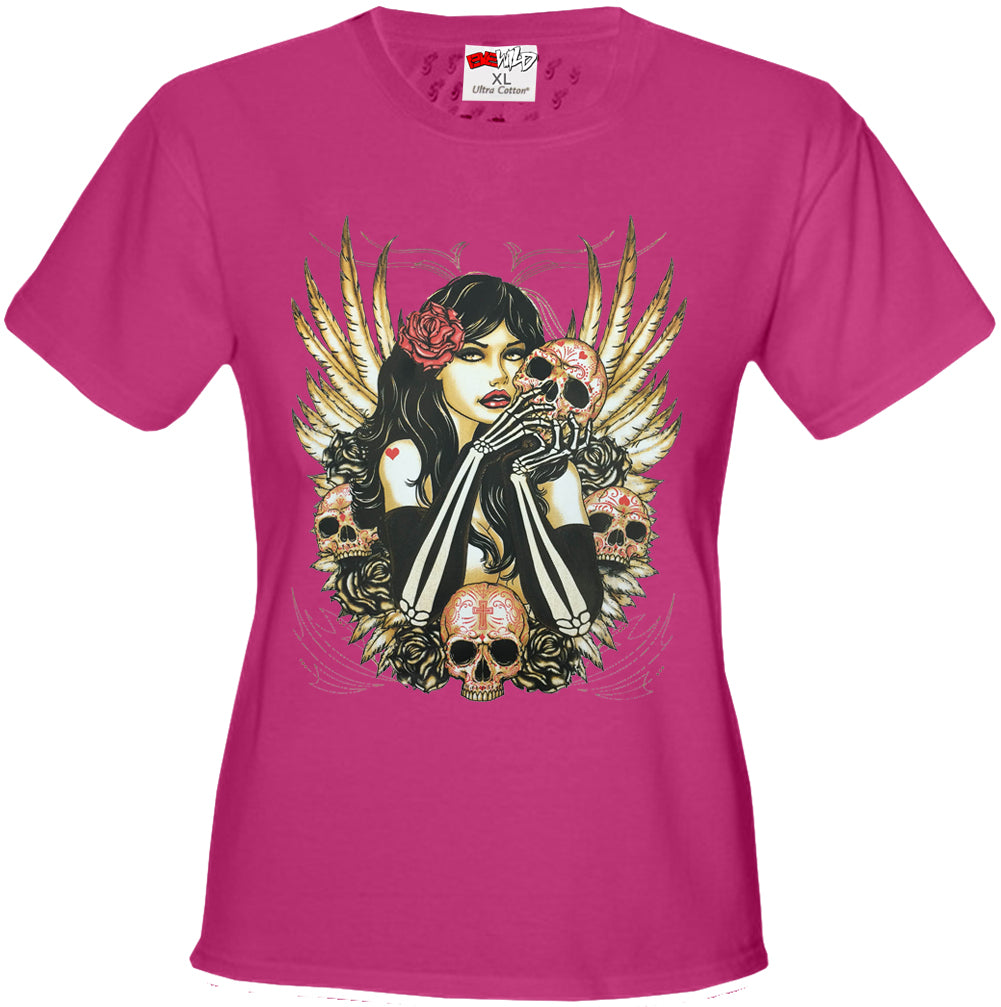 Girl with Skulls and Feather Wings Girl's T-Shirt