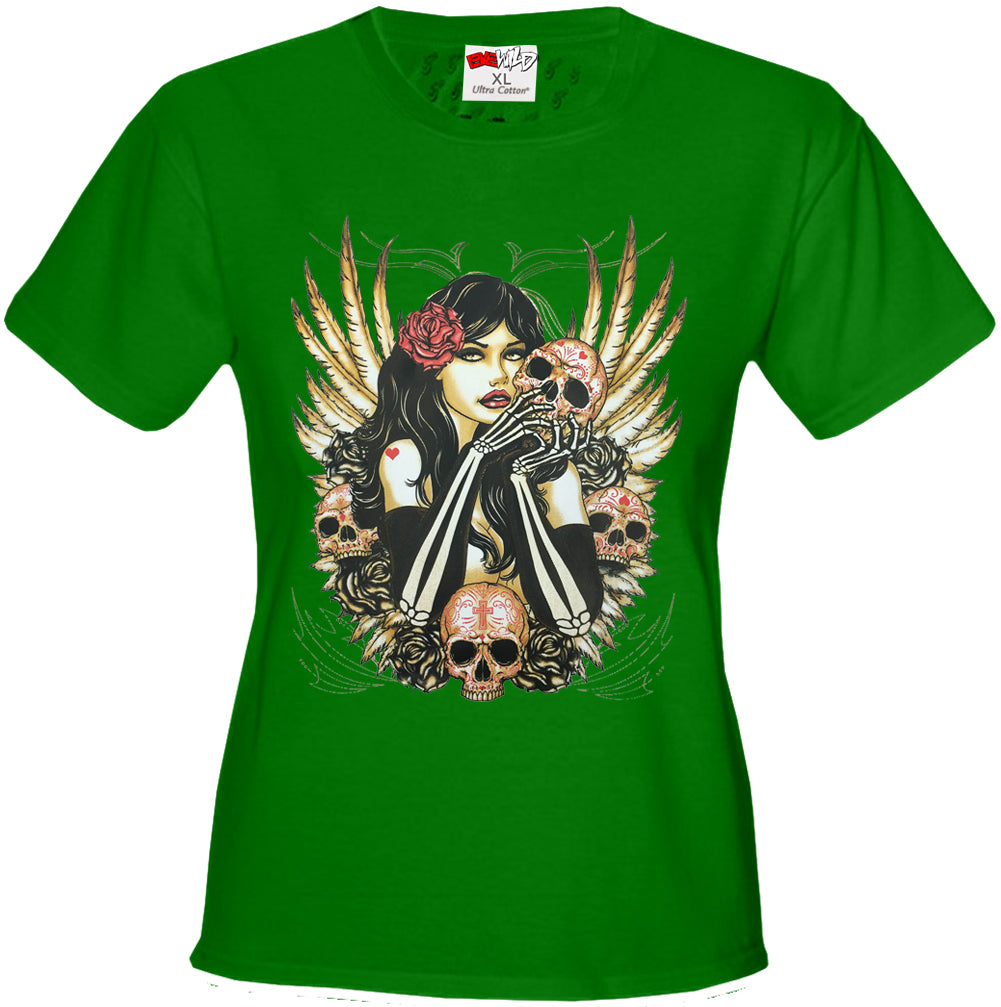 Girl with Skulls and Feather Wings Girl's T-Shirt