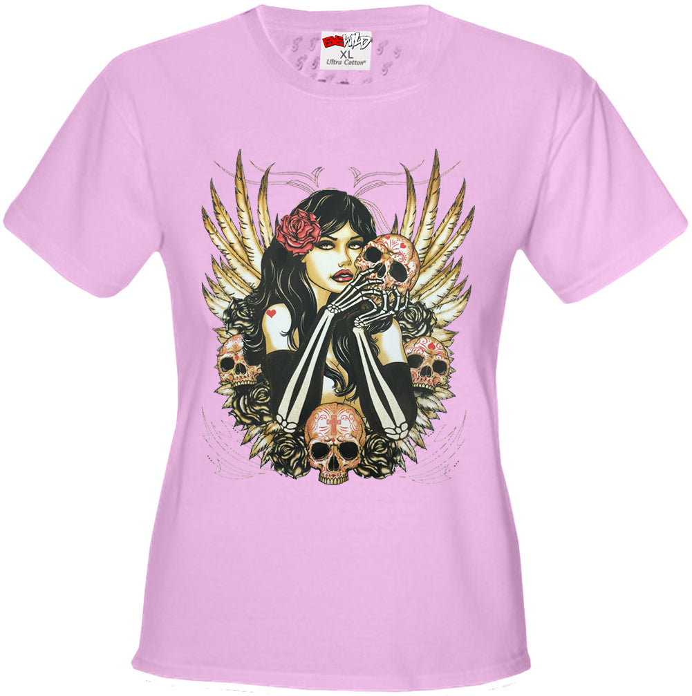 Girl with Skulls and Feather Wings Girl's T-Shirt