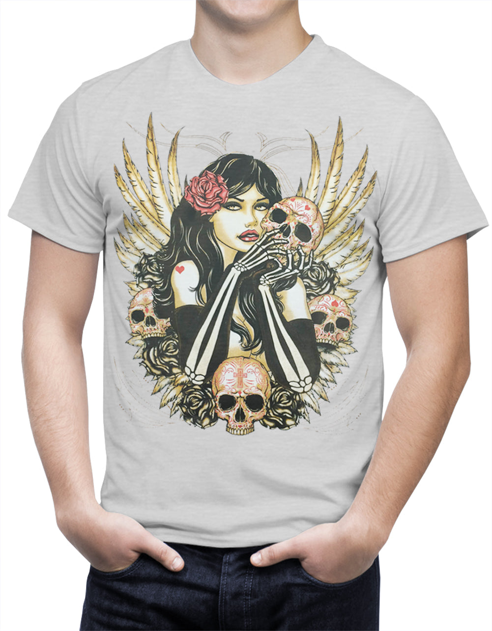 Girl with Skulls and Feather Wings Men's T-Shirt