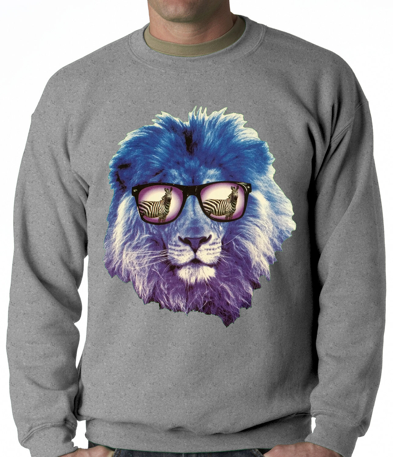Lion Wearing Sunglasses Looking at a Zebra Adult Crewneck